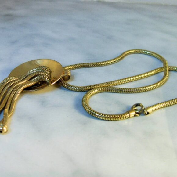 Vintage Gold Tone Disc Tassel Necklace 16” - Picture 5 of 5